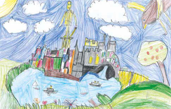 Drawing shows a castle, town, and surrounding landscape in bright colours. A large, golden figure stands over the town.