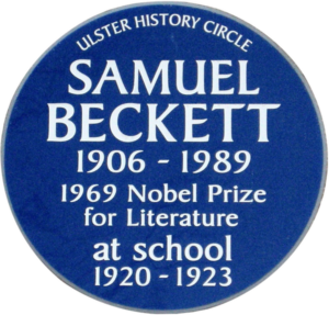Blue plaque reading: Samuel Beckett, 1906-1989, Nobel prize for literature, at school 1920-1923