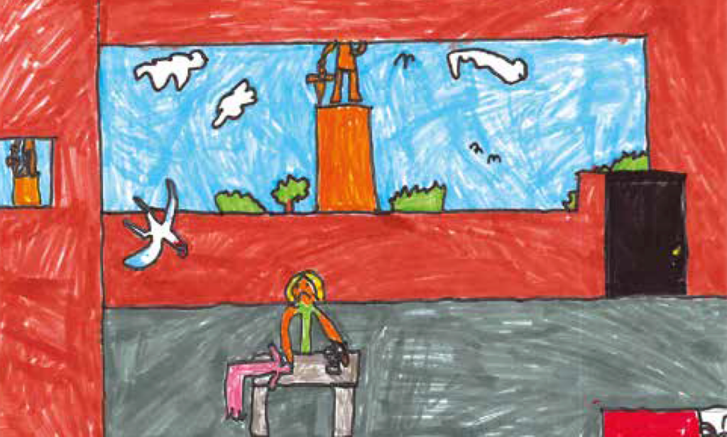Drawing shows interior scene with a woman working at a table, a figure in bed, and a bird flying in through a large, horizontal window. Outside the window, a golden statue is seen on a plinth. The walls are fire-engine red.
