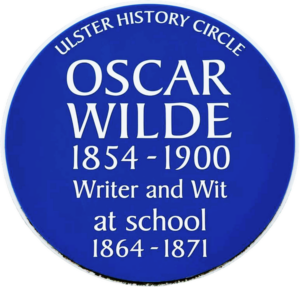 Blue Plaque reading: Oscar Wilde, 1854-1900, Writer and Wit, at school 1864-1871